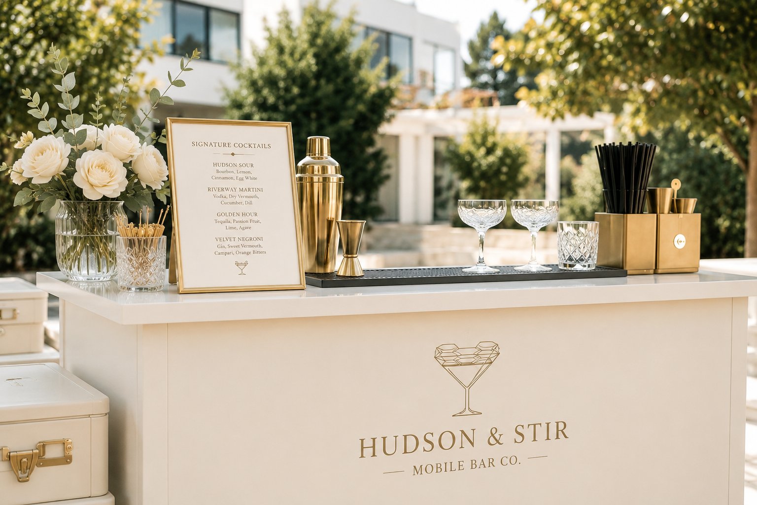 Hudson & Stir mobile bar setup with gold bar tools, glassware and signature cocktail menu at an outdoor event