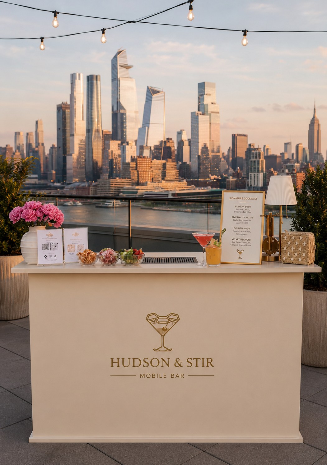 Hudson & Stir Mobile Bar setup overlooking Manhattan and Hudson Yards at golden hour